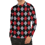 Black Red And Grey Argyle Pattern Print Men's Long Sleeve Rash Guard