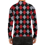 Black Red And Grey Argyle Pattern Print Men's Long Sleeve Rash Guard
