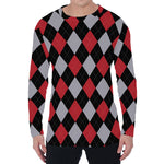 Black Red And Grey Argyle Pattern Print Men's Long Sleeve T-Shirt