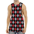 Black Red And Grey Argyle Pattern Print Men's Muscle Tank Top