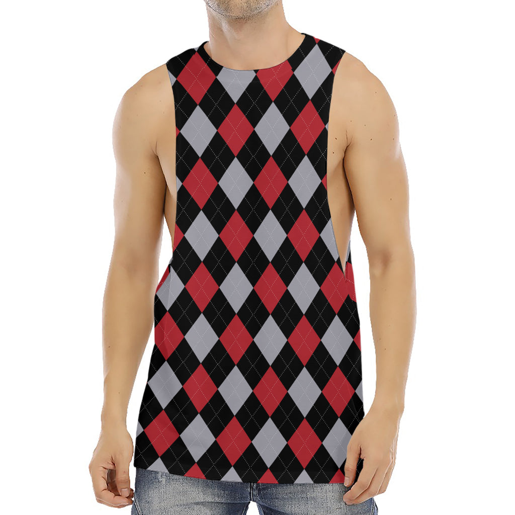 Black Red And Grey Argyle Pattern Print Men's Muscle Tank Top