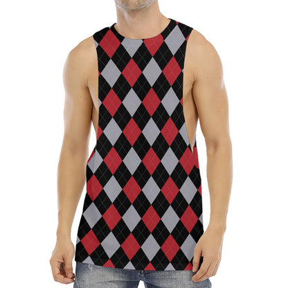 Black Red And Grey Argyle Pattern Print Men's Muscle Tank Top