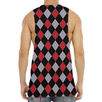 Black Red And Grey Argyle Pattern Print Men's Muscle Tank Top