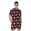 Black Red And Grey Argyle Pattern Print Men's Romper