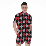 Black Red And Grey Argyle Pattern Print Men's Rompers