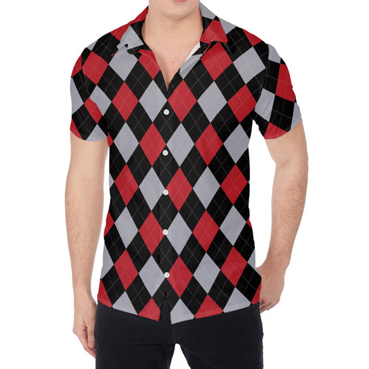 Black Red And Grey Argyle Pattern Print Men's Shirt
