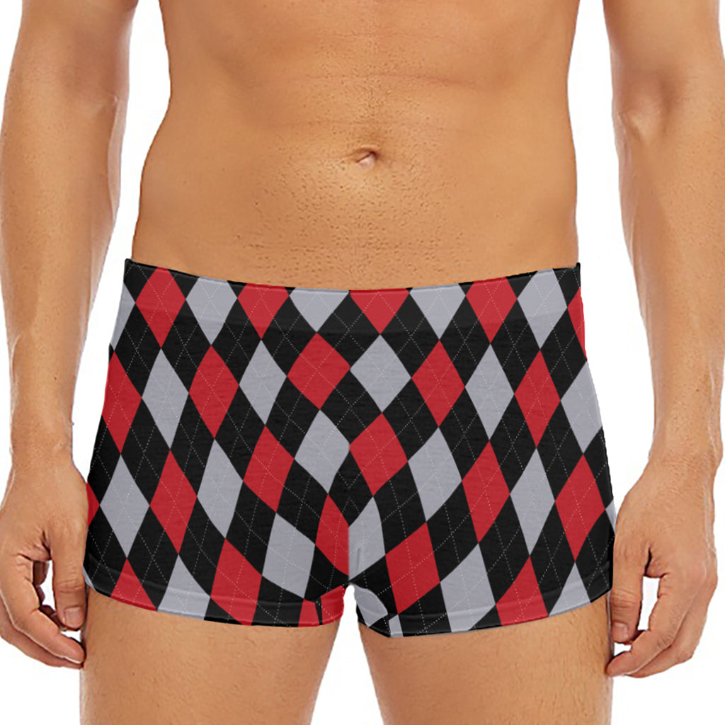 Black Red And Grey Argyle Pattern Print Men's Short Boxer Briefs