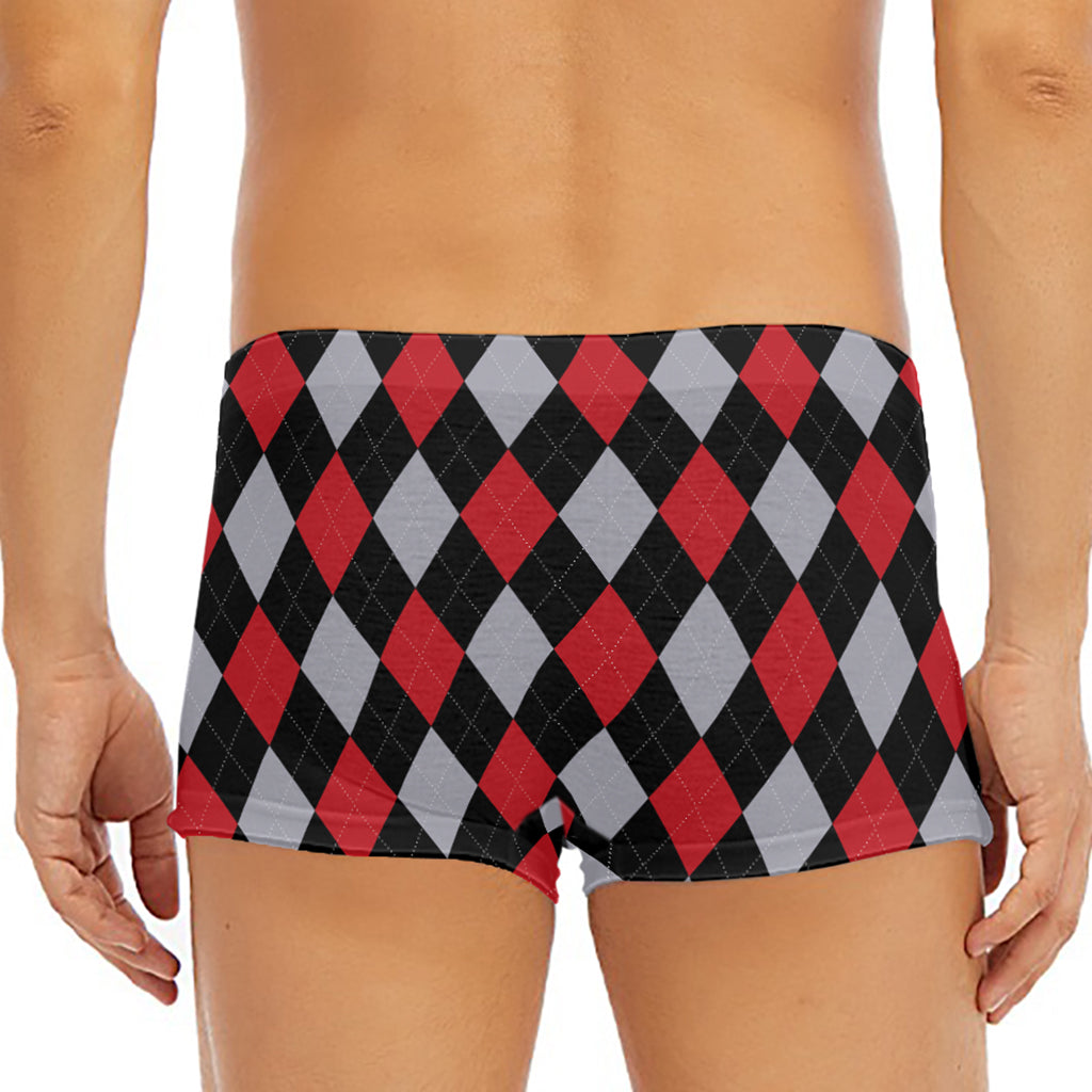 Black Red And Grey Argyle Pattern Print Men's Short Boxer Briefs