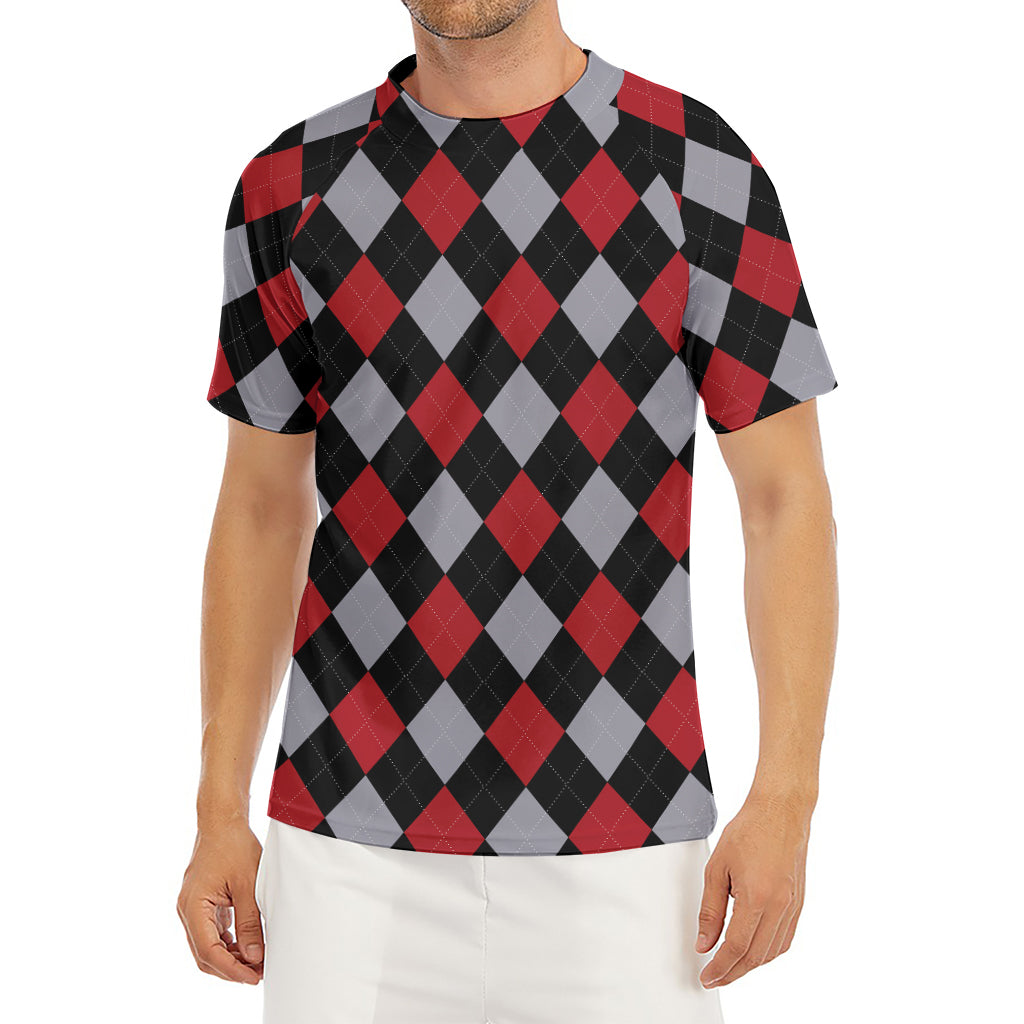 Black Red And Grey Argyle Pattern Print Men's Short Sleeve Rash Guard