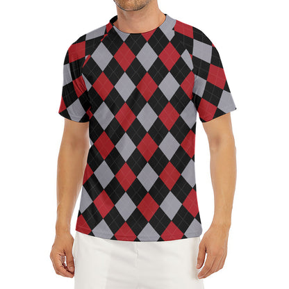 Black Red And Grey Argyle Pattern Print Men's Short Sleeve Rash Guard