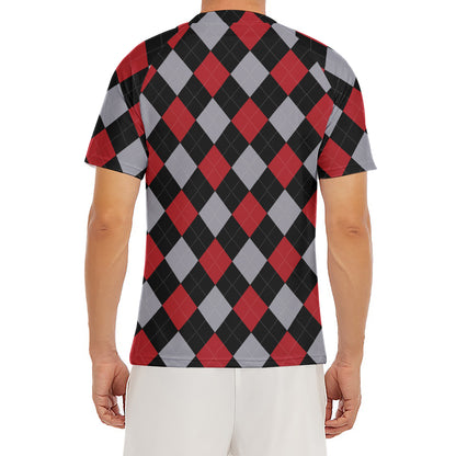 Black Red And Grey Argyle Pattern Print Men's Short Sleeve Rash Guard