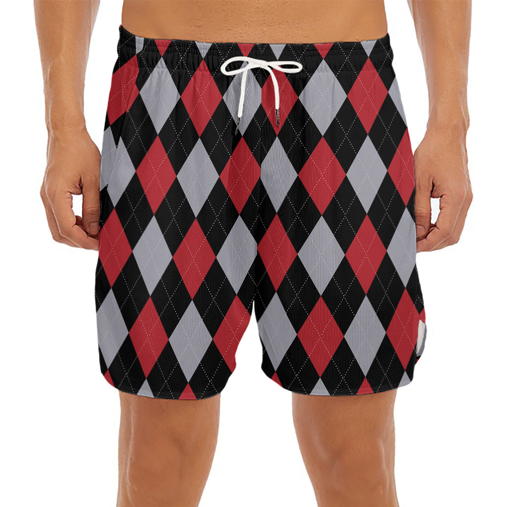 Black Red And Grey Argyle Pattern Print Men's Split Running Shorts