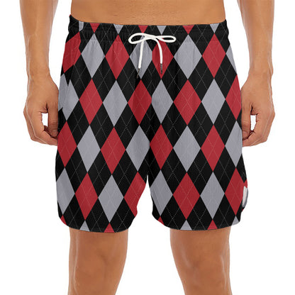 Black Red And Grey Argyle Pattern Print Men's Split Running Shorts