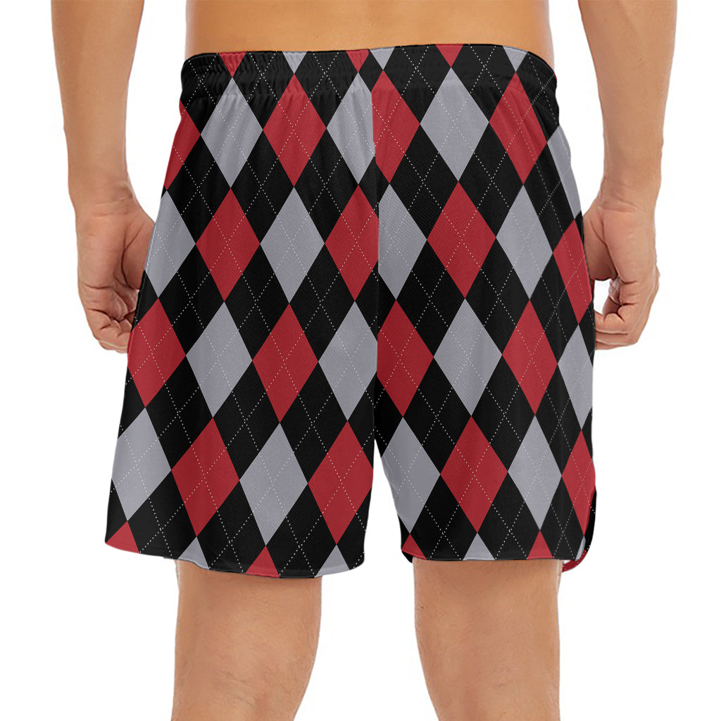 Black Red And Grey Argyle Pattern Print Men's Split Running Shorts