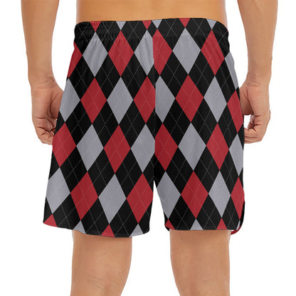 Black Red And Grey Argyle Pattern Print Men's Split Running Shorts