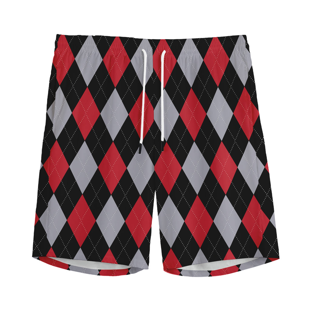 Black Red And Grey Argyle Pattern Print Men's Sports Shorts