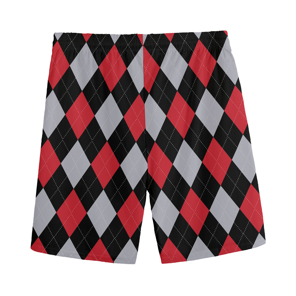 Black Red And Grey Argyle Pattern Print Men's Sports Shorts