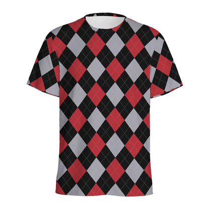 Black Red And Grey Argyle Pattern Print Men's Sports T-Shirt