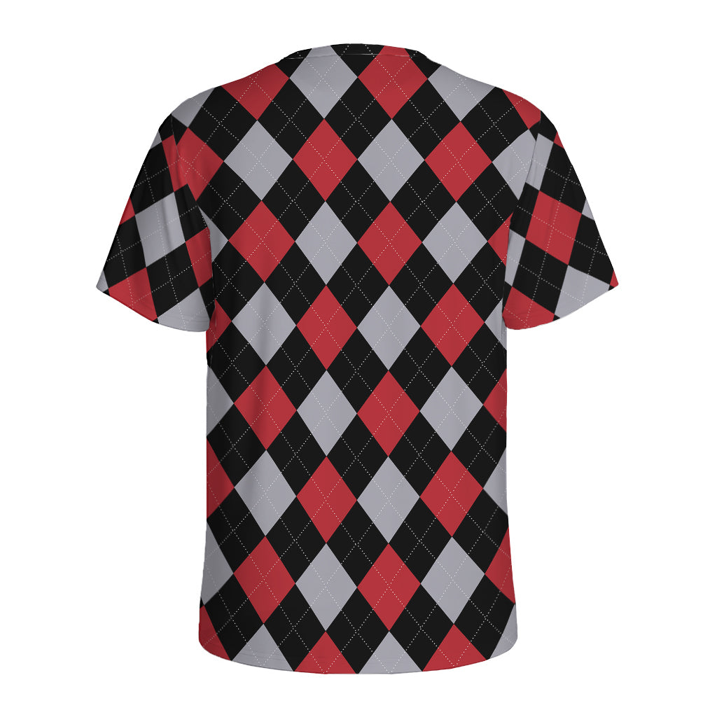 Black Red And Grey Argyle Pattern Print Men's Sports T-Shirt