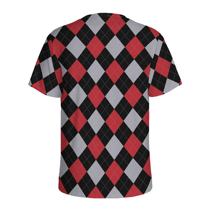 Black Red And Grey Argyle Pattern Print Men's Sports T-Shirt