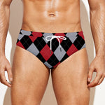 Black Red And Grey Argyle Pattern Print Men's Swim Briefs