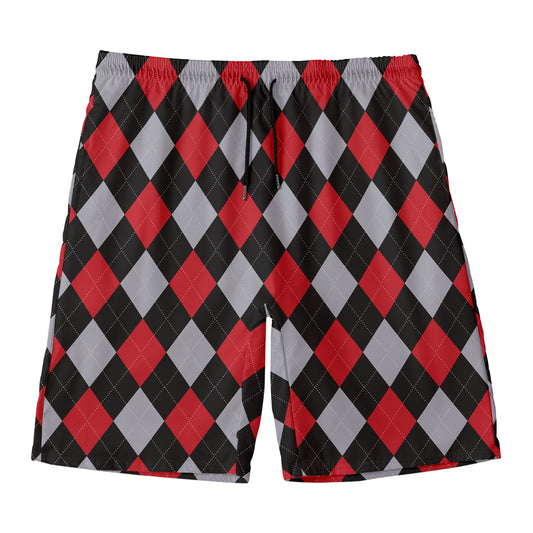 Black Red And Grey Argyle Pattern Print Men's Swim Trunks