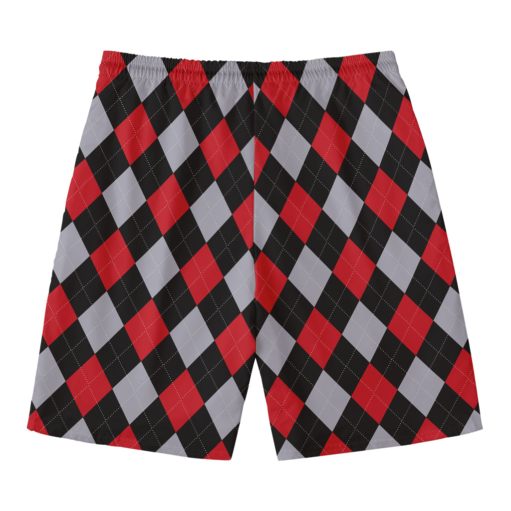 Black Red And Grey Argyle Pattern Print Men's Swim Trunks