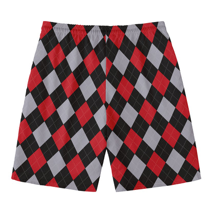Black Red And Grey Argyle Pattern Print Men's Swim Trunks