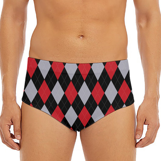 Black Red And Grey Argyle Pattern Print Men's Triangle Swim Briefs
