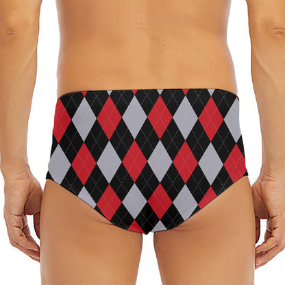 Black Red And Grey Argyle Pattern Print Men's Triangle Swim Briefs