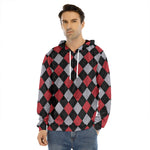 Black Red And Grey Argyle Pattern Print Men's Velvet Pullover Hoodie