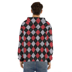 Black Red And Grey Argyle Pattern Print Men's Velvet Pullover Hoodie
