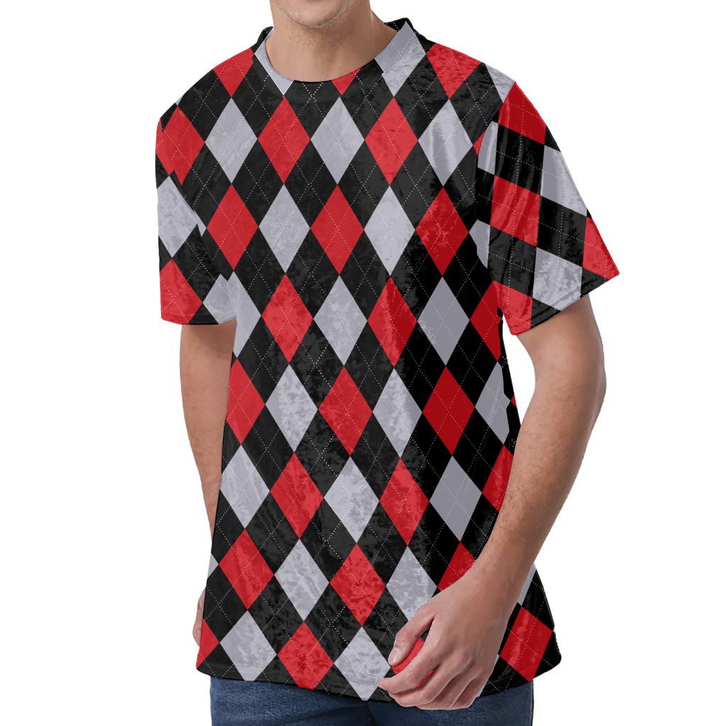 Black Red And Grey Argyle Pattern Print Men's Velvet T-Shirt