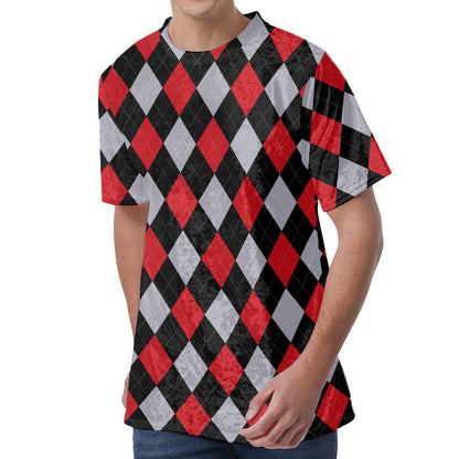 Black Red And Grey Argyle Pattern Print Men's Velvet T-Shirt
