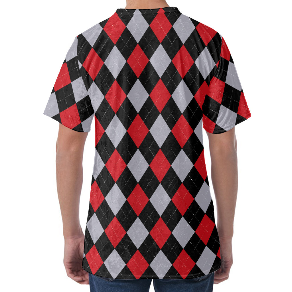 Black Red And Grey Argyle Pattern Print Men's Velvet T-Shirt