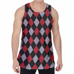 Black Red And Grey Argyle Pattern Print Men's Velvet Tank Top