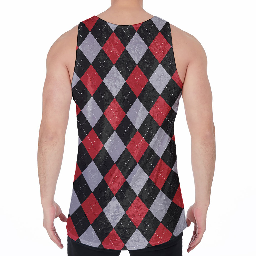 Black Red And Grey Argyle Pattern Print Men's Velvet Tank Top