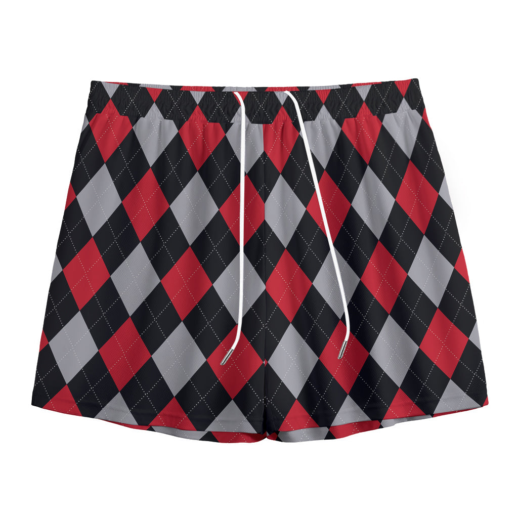 Black Red And Grey Argyle Pattern Print Mesh Shorts