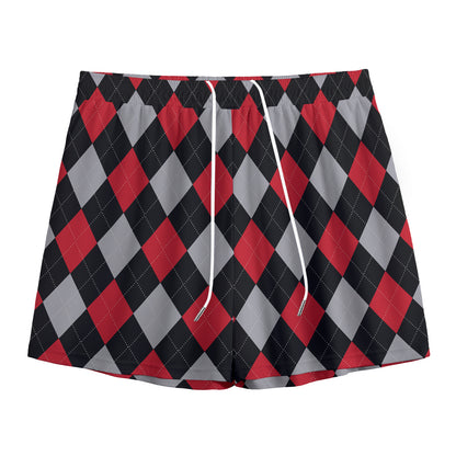 Black Red And Grey Argyle Pattern Print Mesh Shorts
