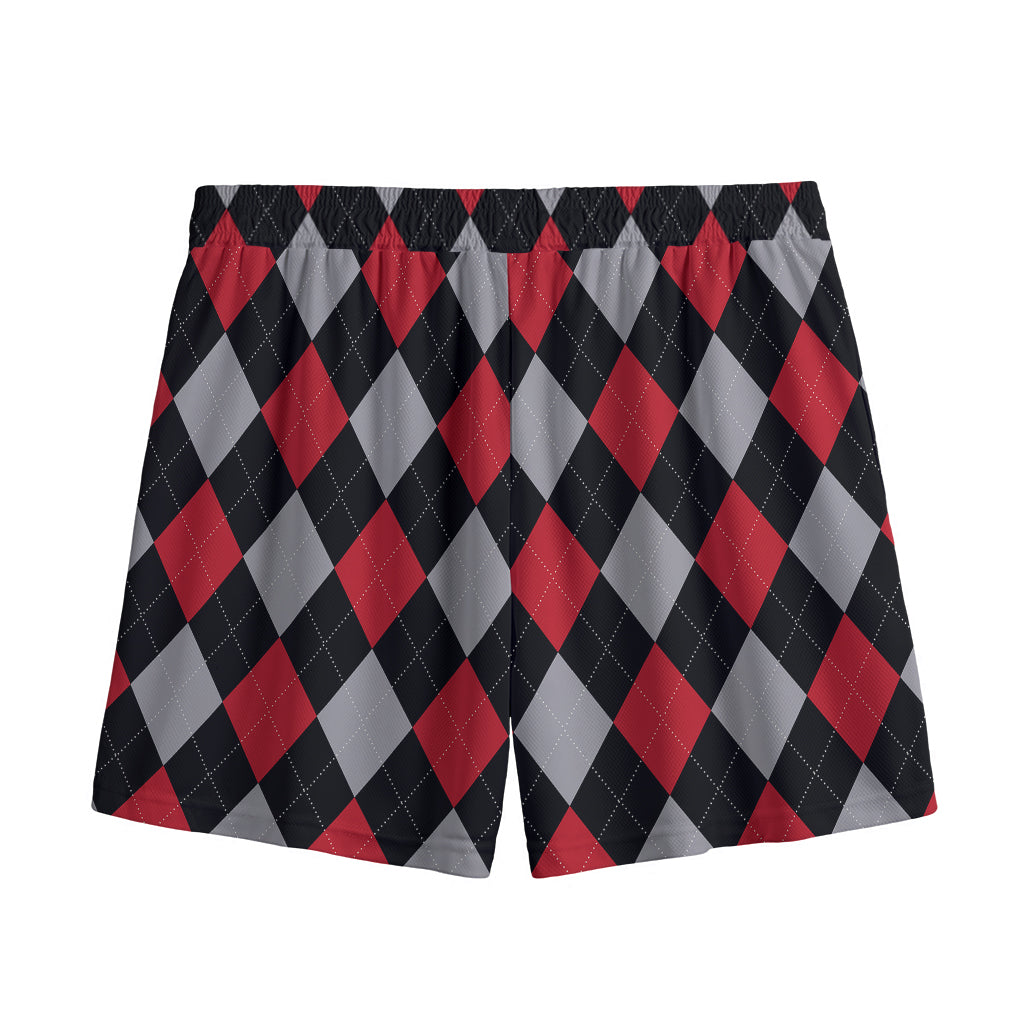 Black Red And Grey Argyle Pattern Print Mesh Shorts