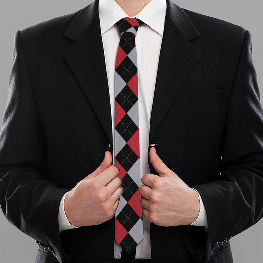 Black Red And Grey Argyle Pattern Print Necktie