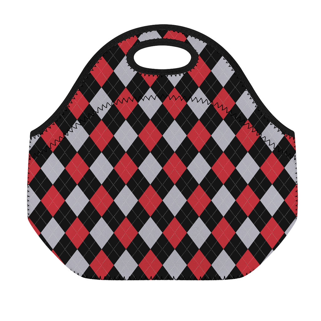 Black Red And Grey Argyle Pattern Print Neoprene Lunch Bag