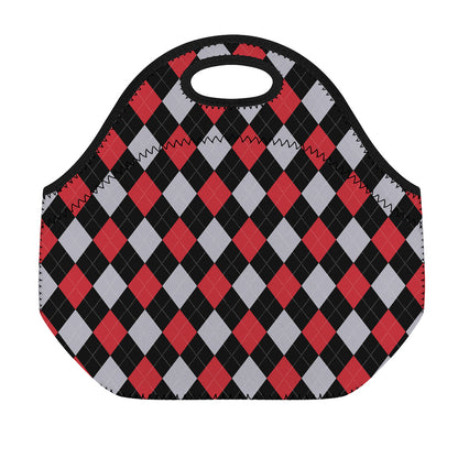 Black Red And Grey Argyle Pattern Print Neoprene Lunch Bag