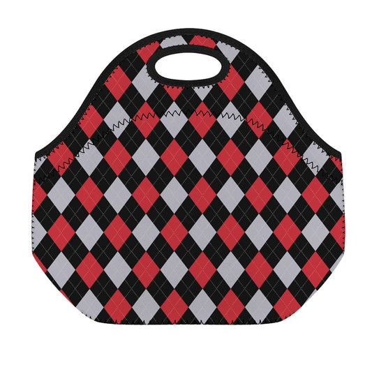 Black Red And Grey Argyle Pattern Print Neoprene Lunch Bag