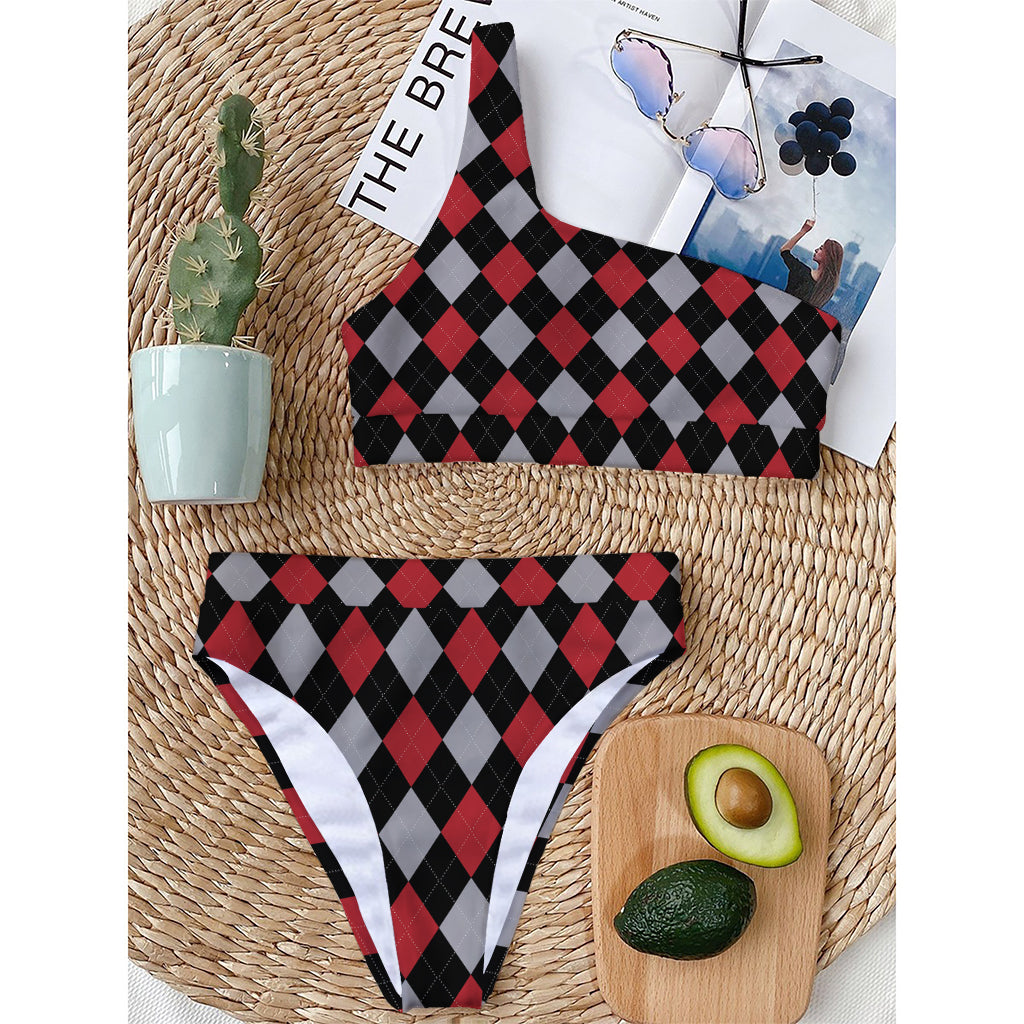 Black Red And Grey Argyle Pattern Print One Shoulder Bikini Top