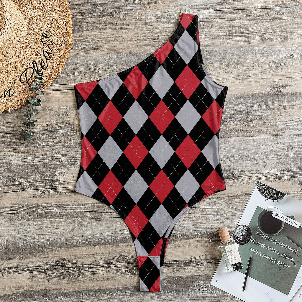 Black Red And Grey Argyle Pattern Print One Shoulder Bodysuit