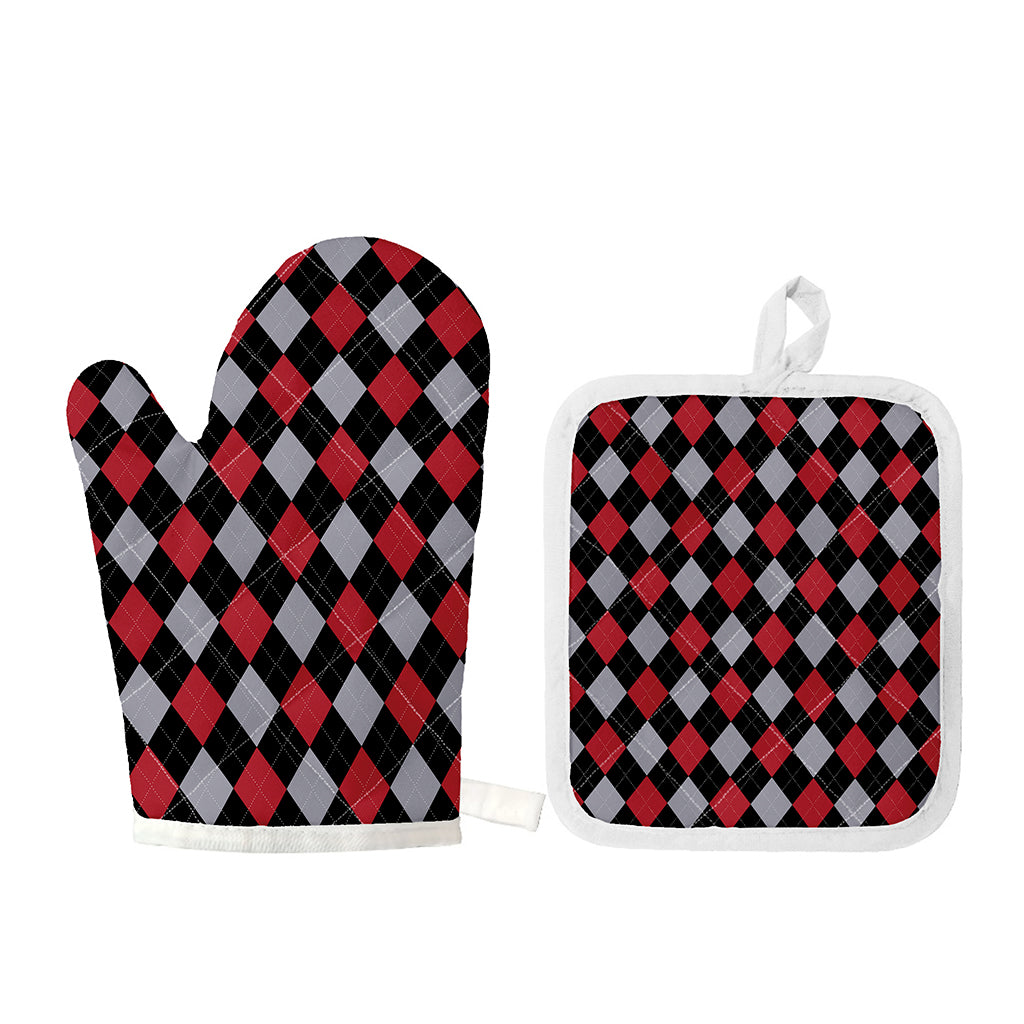 Black Red And Grey Argyle Pattern Print Oven Mitt And Pot Holder Set