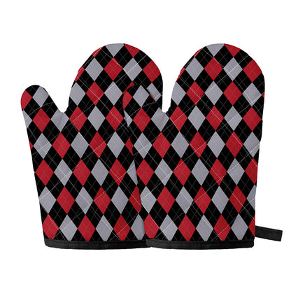 Black Red And Grey Argyle Pattern Print Oven Mitts