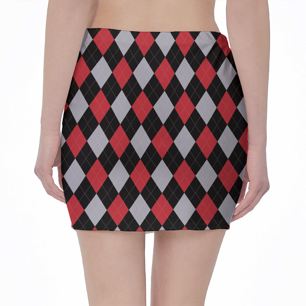 Black Red And Grey Argyle Pattern Print Pencil Mini Skirt