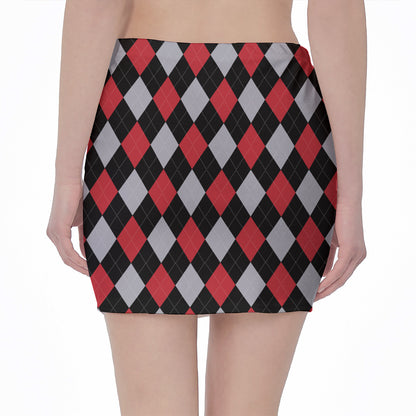 Black Red And Grey Argyle Pattern Print Pencil Mini Skirt